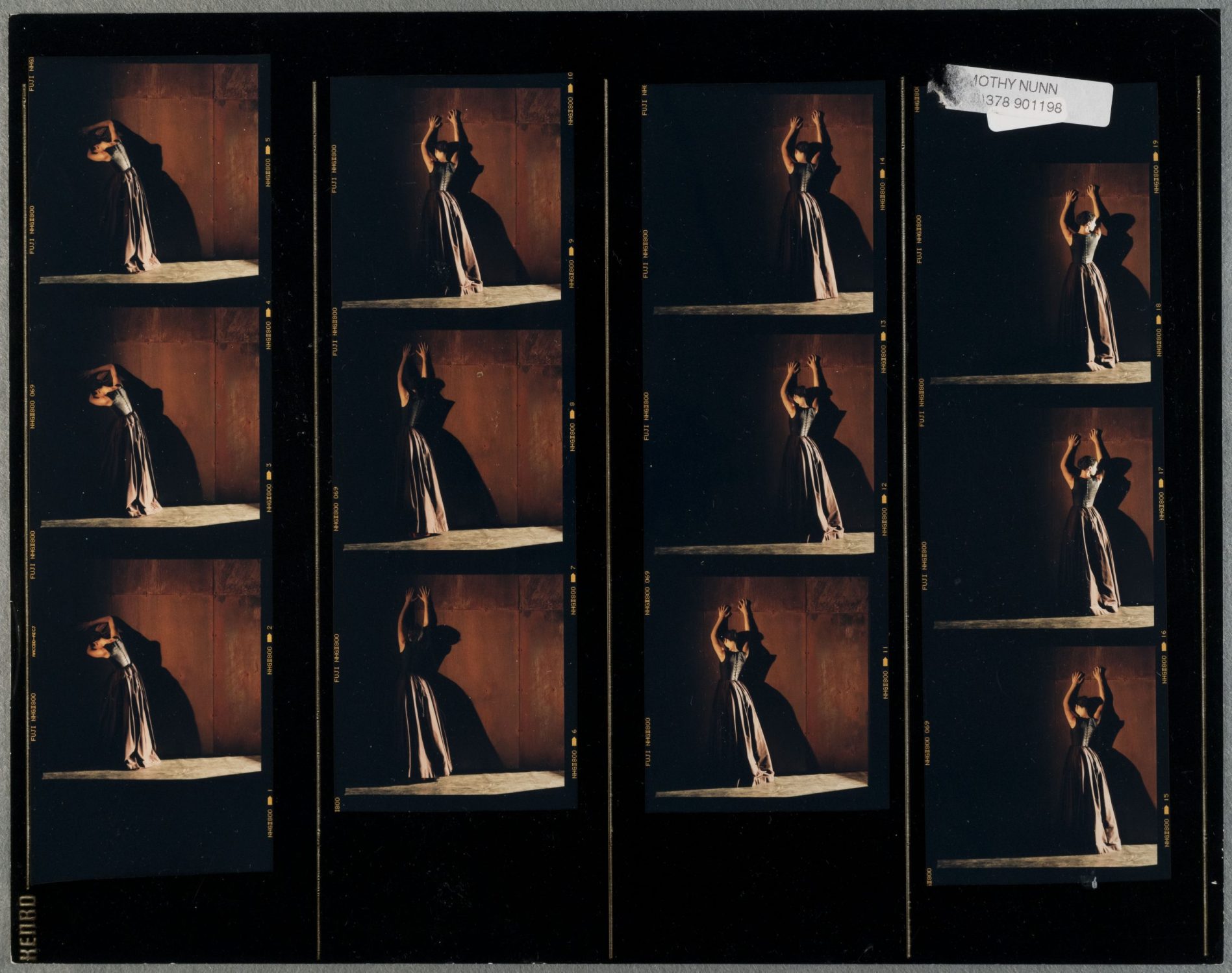 Contact sheet of a woman in a long grey dress with her arms against a wall.