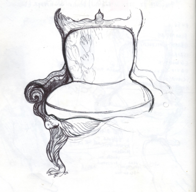 An illustration of a chair drawn by Sarah Cameron using biro.