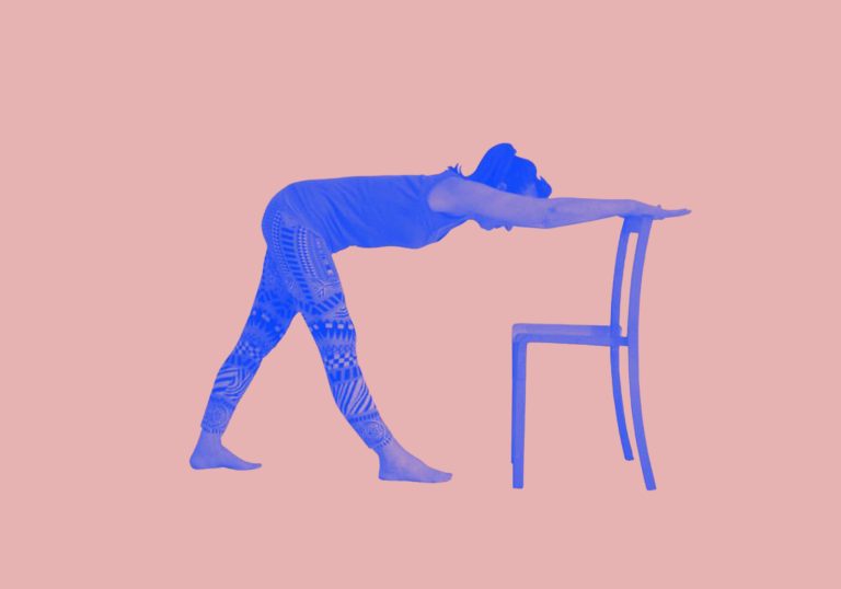 Associate artist Angelika Ghrohmann is shown in blue stretching from a wooden chair against a pink background.