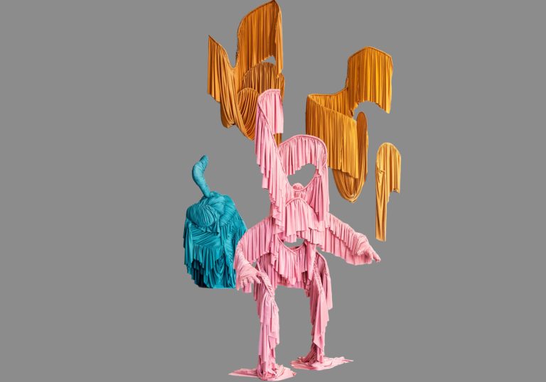 Colourful fabric sculptures made by Richard Malone against a grey background