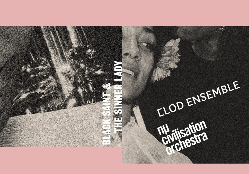 Black Saint and the Sinner Lady flyer against a pink background with Clod Ensemble and Nu Civilisation orchestra logos.